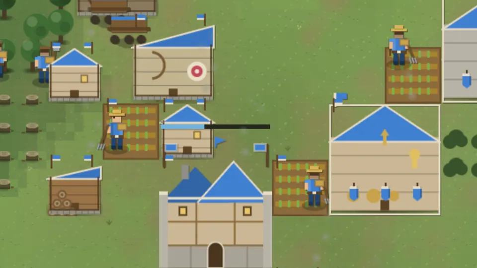 Agebound: a growing town with its hall, houses, farms and villagers