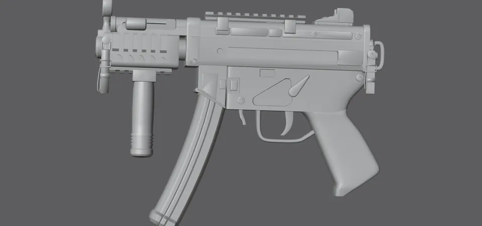 MP5K, untextured model (left view), finished mesh in Blender