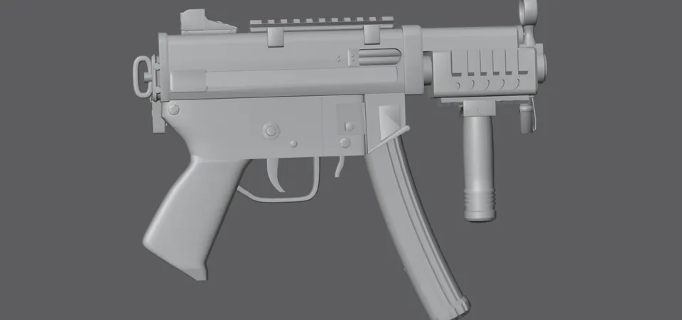 MP5K, untextured model (right view), finished mesh in Blender