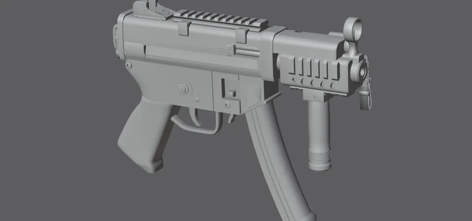 MP5K, untextured model (three-quarter view), finished mesh in Blender